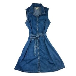 Faded Glory Denim Dress Womens 16 Sleeveless Button Down Belted Blue Jean